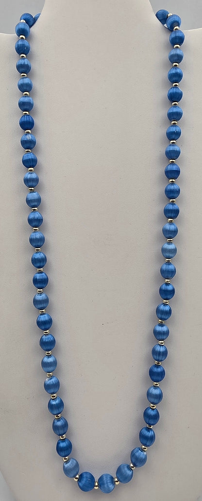 1930's 1940's Blue Silk Wrapped/Silvertone Spacers 30" Vintage 10mm Bead Necklace