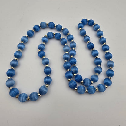 1930's 1940's Blue Silk Wrapped/Silvertone Spacers 30" Vintage 10mm Bead Necklace