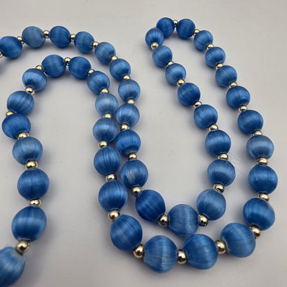 1930's 1940's Blue Silk Wrapped/Silvertone Spacers 30" Vintage 10mm Bead Necklace