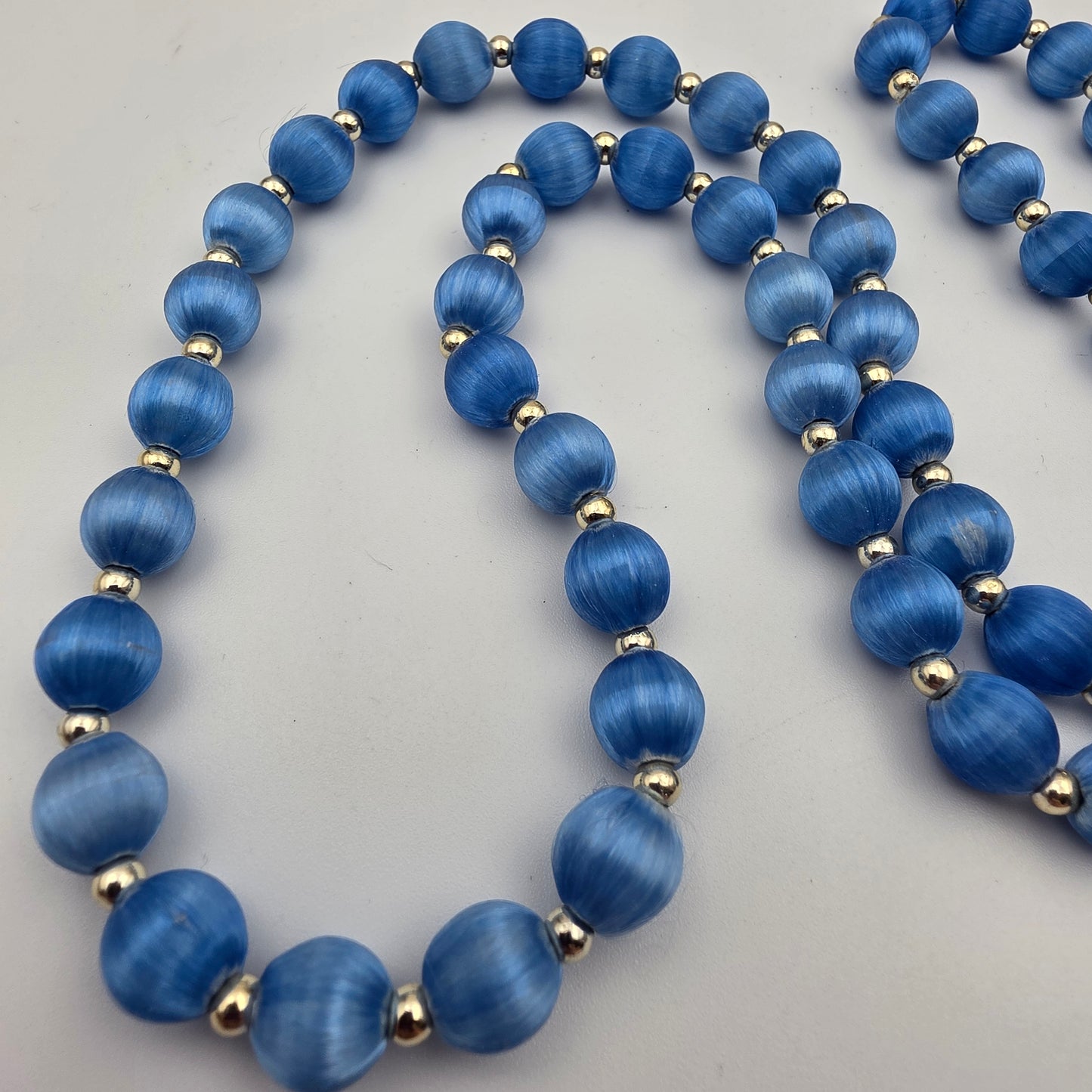 1930's 1940's Blue Silk Wrapped/Silvertone Spacers 30" Vintage 10mm Bead Necklace