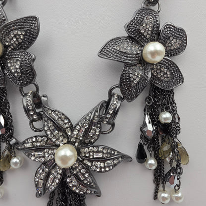 WHITE HOUSE BLACK MARKET Faux Pearl/Clear Rhinestone Floral 20" Statement Necklace