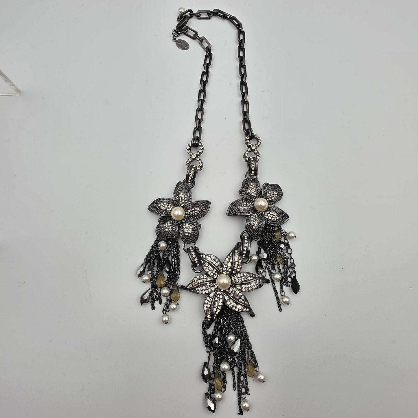 WHITE HOUSE BLACK MARKET Faux Pearl/Clear Rhinestone Floral 20" Statement Necklace