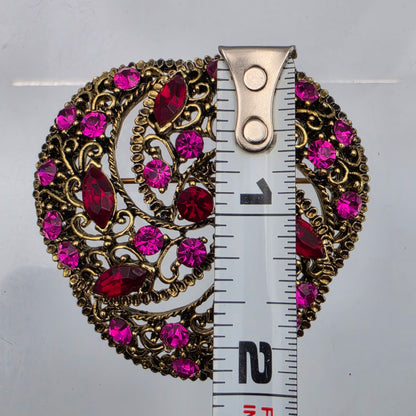 Pink/Red Rhinestone Gold Tone Metal Filagree Vintage 2"  Brooch