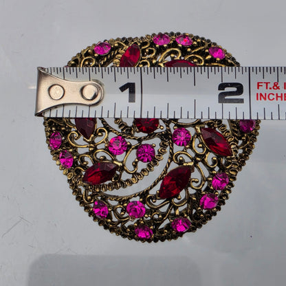 Pink/Red Rhinestone Gold Tone Metal Filagree Vintage 2"  Brooch