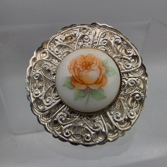 Hand Painted Floral White Enamel Painted Porcelain Cabochon/Silver Tone Filigree Layered Vintage Scarf Hoop