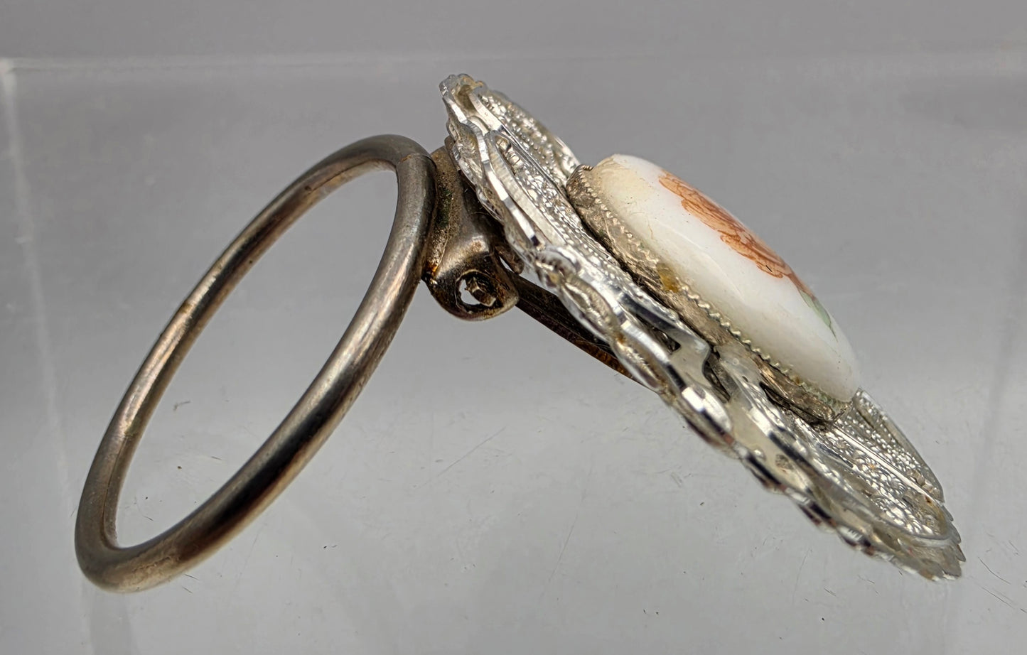 Hand Painted Floral White Enamel Painted Porcelain Cabochon/Silver Tone Filigree Layered Vintage Scarf Hoop