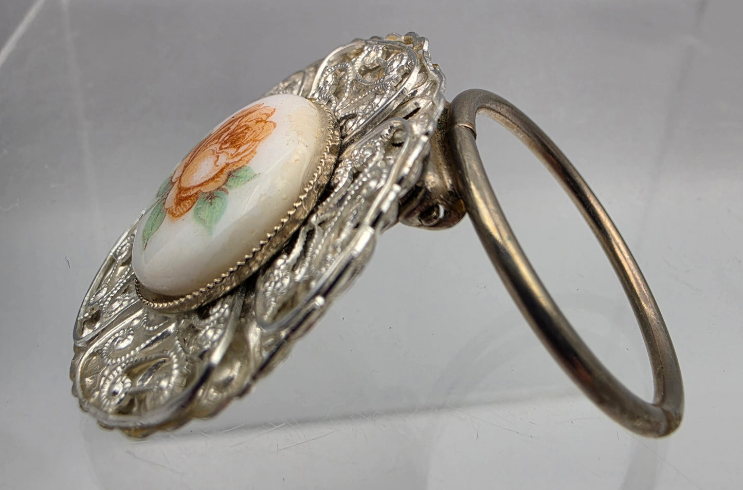 Hand Painted Floral White Enamel Painted Porcelain Cabochon/Silver Tone Filigree Layered Vintage Scarf Hoop