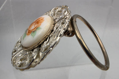 Hand Painted Floral White Enamel Painted Porcelain Cabochon/Silver Tone Filigree Layered Vintage Scarf Hoop