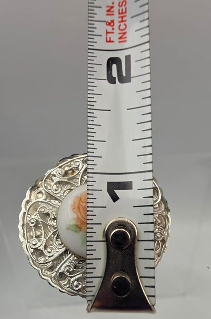 Hand Painted Floral White Enamel Painted Porcelain Cabochon/Silver Tone Filigree Layered Vintage Scarf Hoop