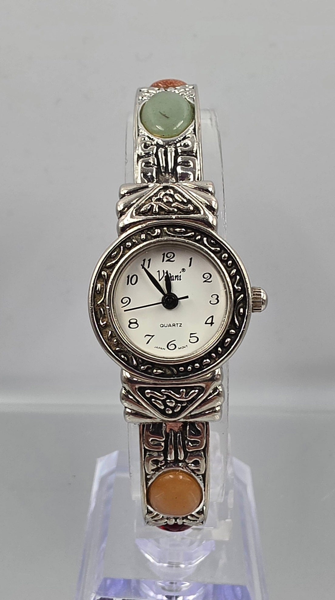 VIVANI ACCUTIME Vintage 1990's Silver Tone/Stone Cabochon Clamper Bracelet Watch