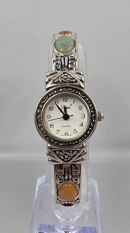 VIVANI ACCUTIME Vintage 1990's Silver Tone/Stone Cabochon Clamper Bracelet Watch