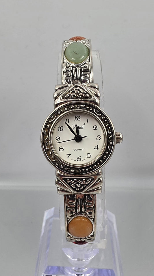 VIVANI ACCUTIME Vintage 1990's Silver Tone/Stone Cabochon Clamper Bracelet Watch
