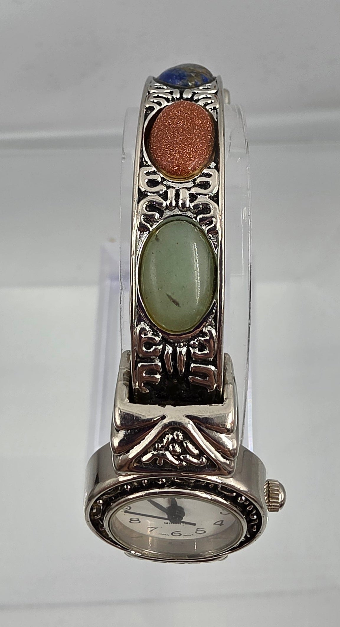 VIVANI ACCUTIME Vintage 1990's Silver Tone/Stone Cabochon Clamper Bracelet Watch