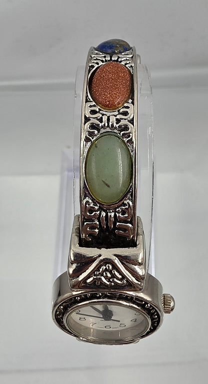 VIVANI ACCUTIME Vintage 1990's Silver Tone/Stone Cabochon Clamper Bracelet Watch