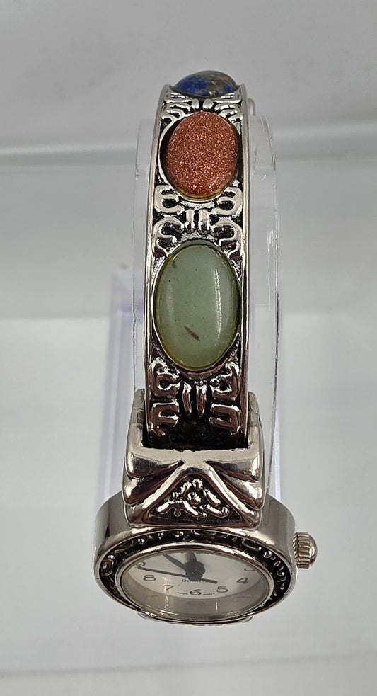 VIVANI ACCUTIME Vintage 1990's Silver Tone/Stone Cabochon Clamper Bracelet Watch