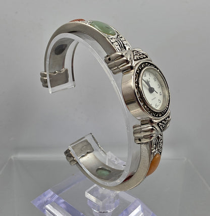 VIVANI ACCUTIME Vintage 1990's Silver Tone/Stone Cabochon Clamper Bracelet Watch