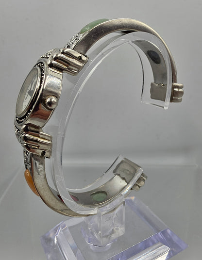 VIVANI ACCUTIME Vintage 1990's Silver Tone/Stone Cabochon Clamper Bracelet Watch