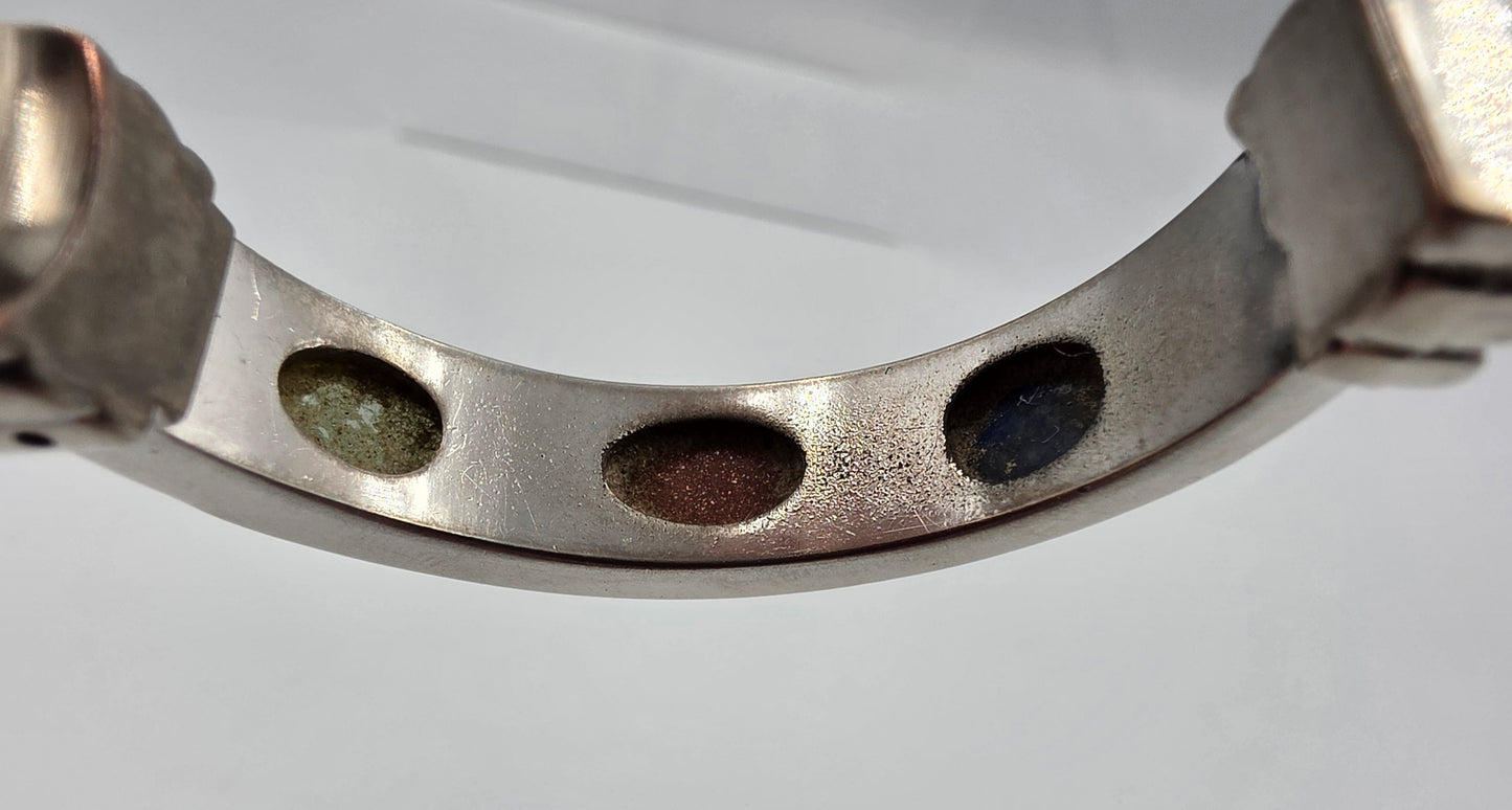 VIVANI ACCUTIME Vintage 1990's Silver Tone/Stone Cabochon Clamper Bracelet Watch