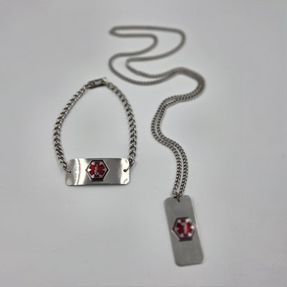 Stainless Steel Medical ID Drug Allergy 8" Bracelet and Penicillan Allergy 26" Necklace