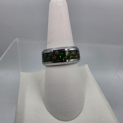 Tungsten Carbide /Green and Gold Carbon Fiber Inlaid Mens Ring Size 8