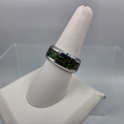 Tungsten Carbide /Green and Gold Carbon Fiber Inlaid Mens Ring Size 8