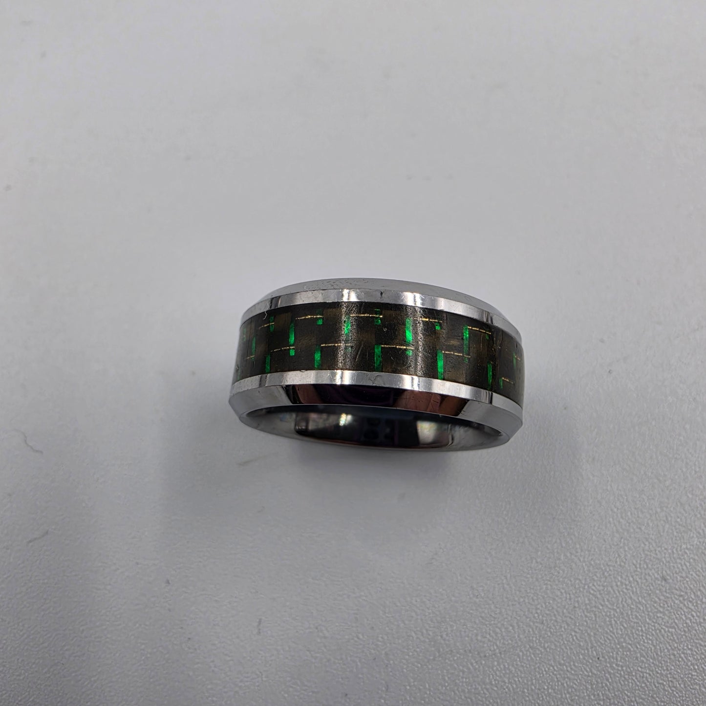 Tungsten Carbide /Green and Gold Carbon Fiber Inlaid Mens Ring Size 8