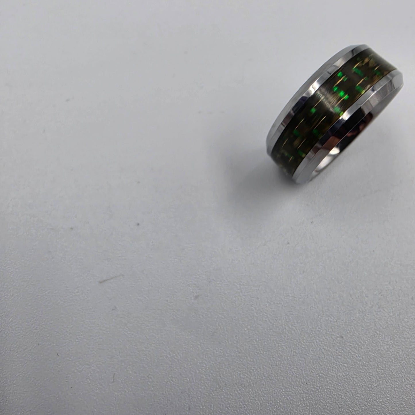 Tungsten Carbide /Green and Gold Carbon Fiber Inlaid Mens Ring Size 8