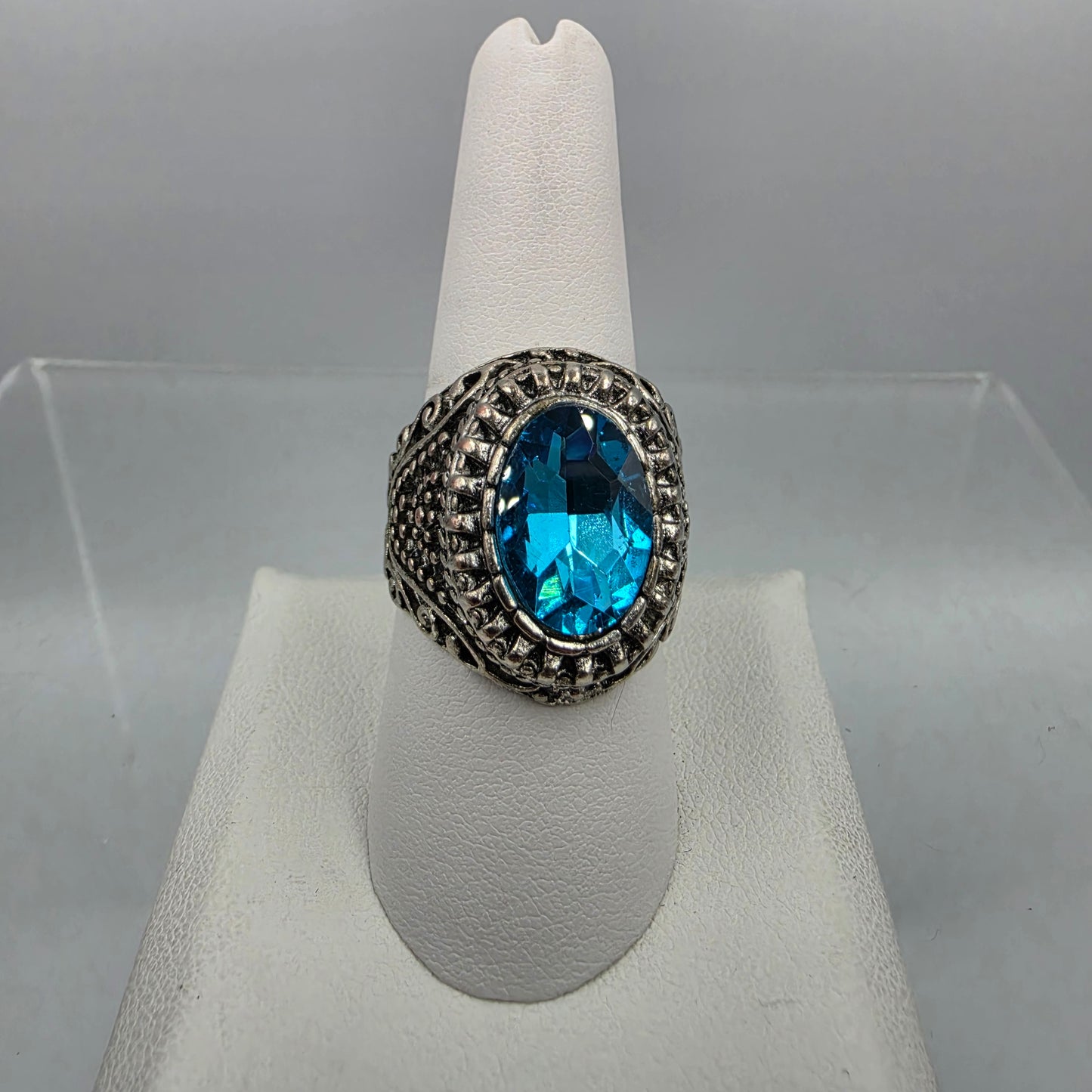Silver Plated/Blue Crystal Rhinestone Ring Size 9