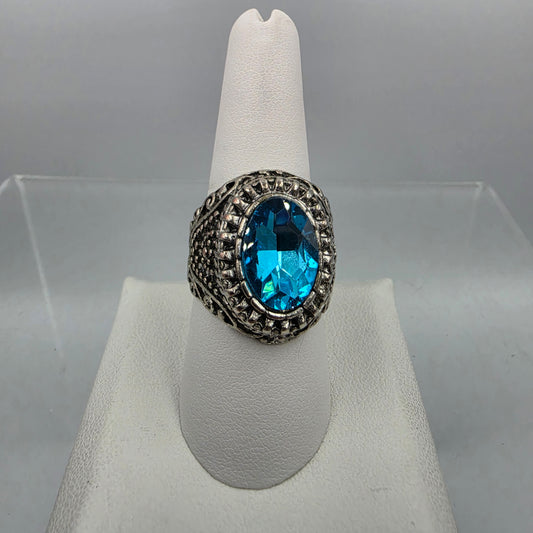 Silver Plated/Blue Crystal Rhinestone Ring Size 9