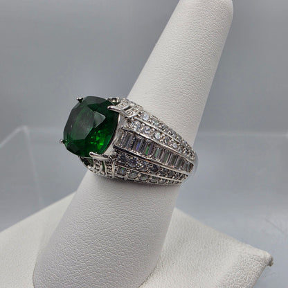 Clear Baguette Cut/Green Cubic Zirconia Silver Plated Cocktail Ring size 8