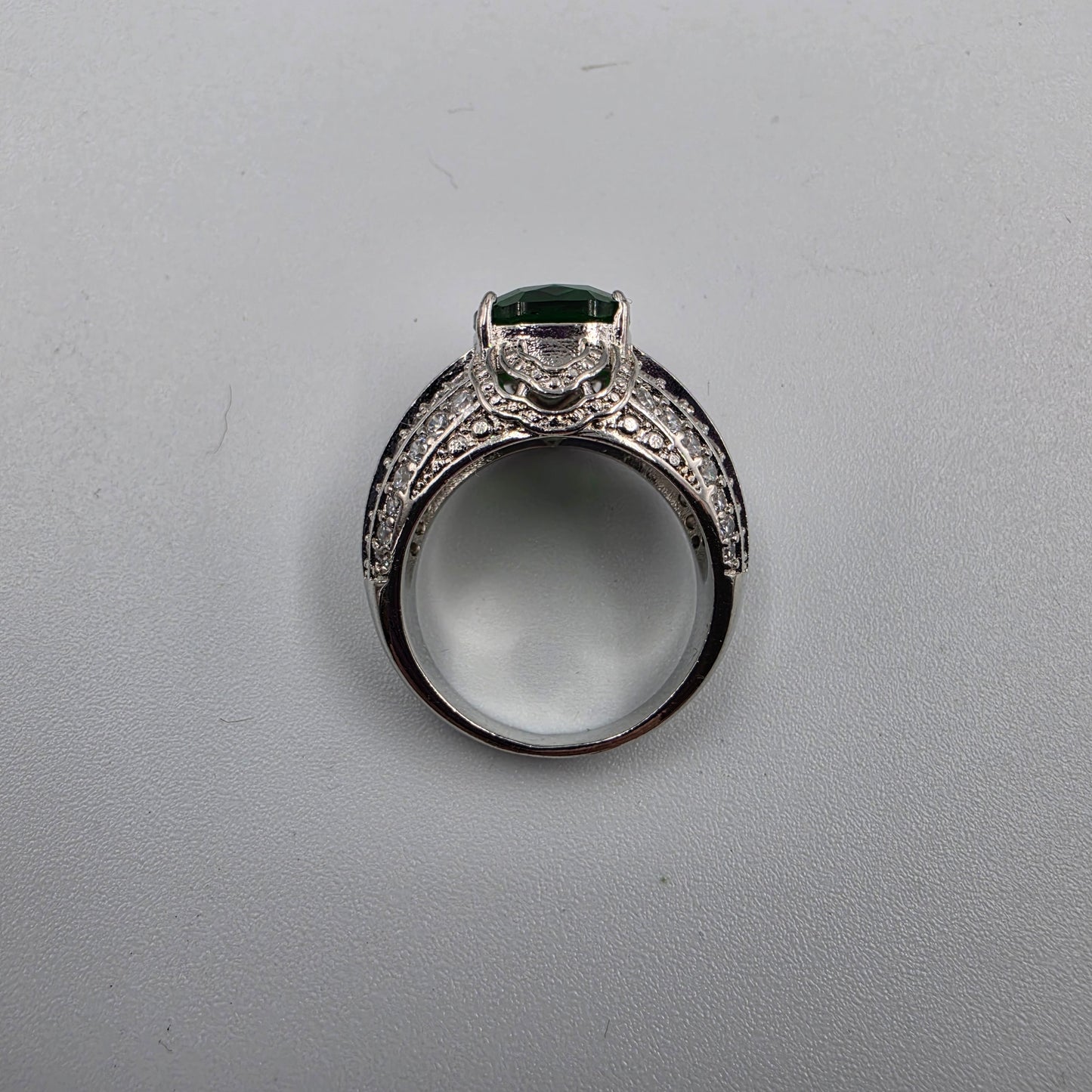 Clear Baguette Cut/Green Cubic Zirconia Silver Plated Cocktail Ring size 8