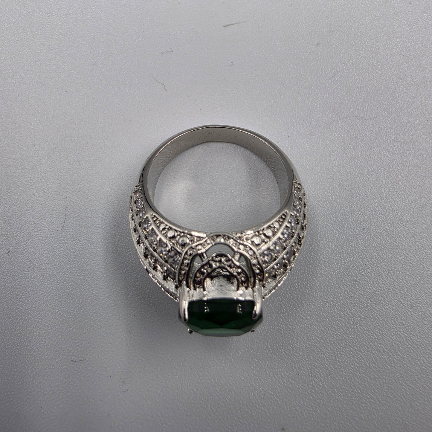 Clear Baguette Cut/Green Cubic Zirconia Silver Plated Cocktail Ring size 8