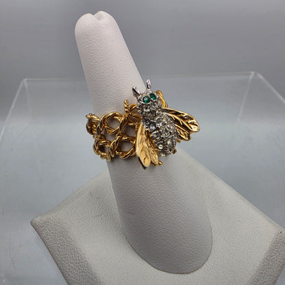 18k Heavy Gold Electroplated Honey Bee/Green and Clear Crystal Rhinestone Ring Size 7