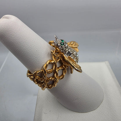 18k Heavy Gold Electroplated Honey Bee/Green and Clear Crystal Rhinestone Ring Size 7