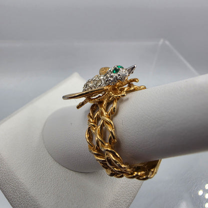 18k Heavy Gold Electroplated Honey Bee/Green and Clear Crystal Rhinestone Ring Size 7