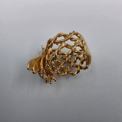 18k Heavy Gold Electroplated Honey Bee/Green and Clear Crystal Rhinestone Ring Size 7