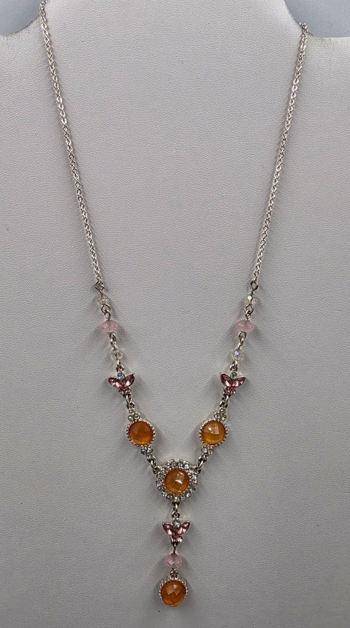 17"-20" Adjustable Iridescent Orange/Pink Butterfly/ Silver Tone Necklace