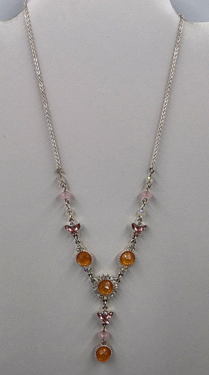 17"-20" Adjustable Iridescent Orange/Pink Butterfly/ Silver Tone Necklace