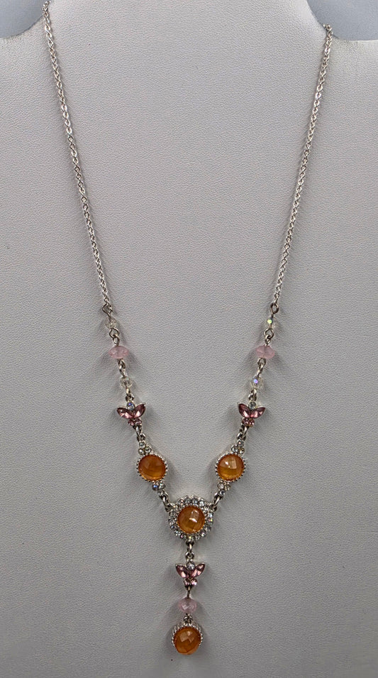 17"-20" Adjustable Iridescent Orange/Pink Butterfly/ Silver Tone Necklace