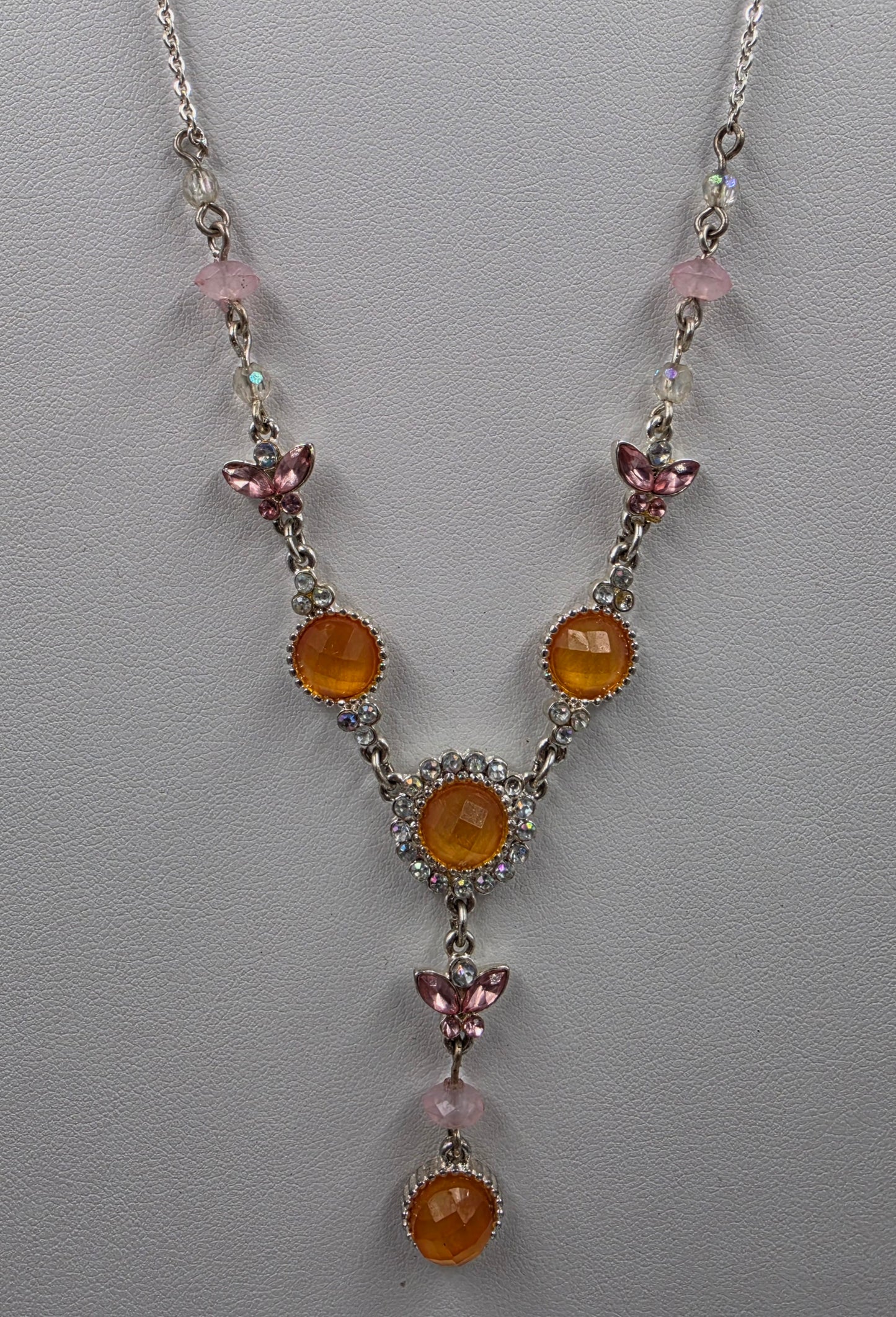 17"-20" Adjustable Iridescent Orange/Pink Butterfly/ Silver Tone Necklace