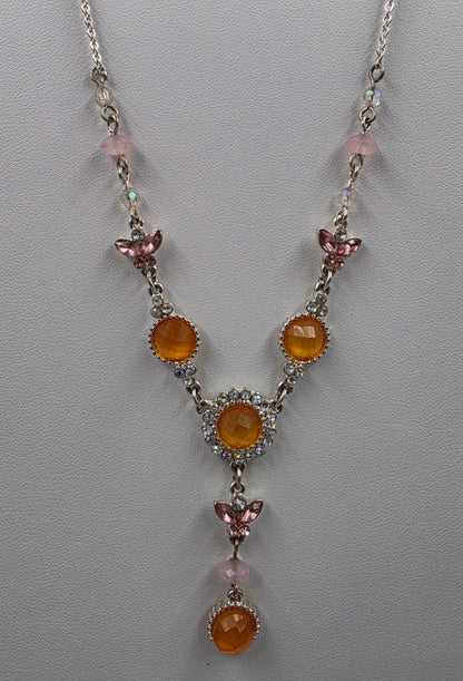 17"-20" Adjustable Iridescent Orange/Pink Butterfly/ Silver Tone Necklace