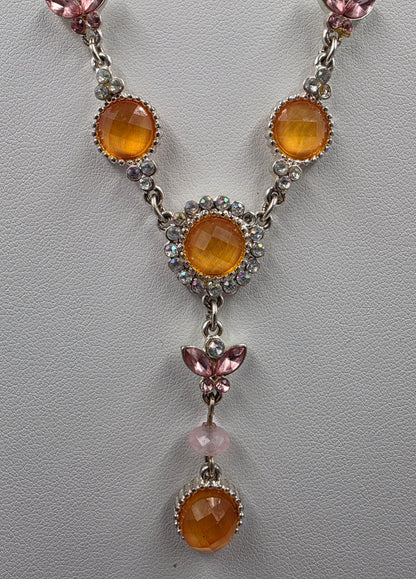 17"-20" Adjustable Iridescent Orange/Pink Butterfly/ Silver Tone Necklace