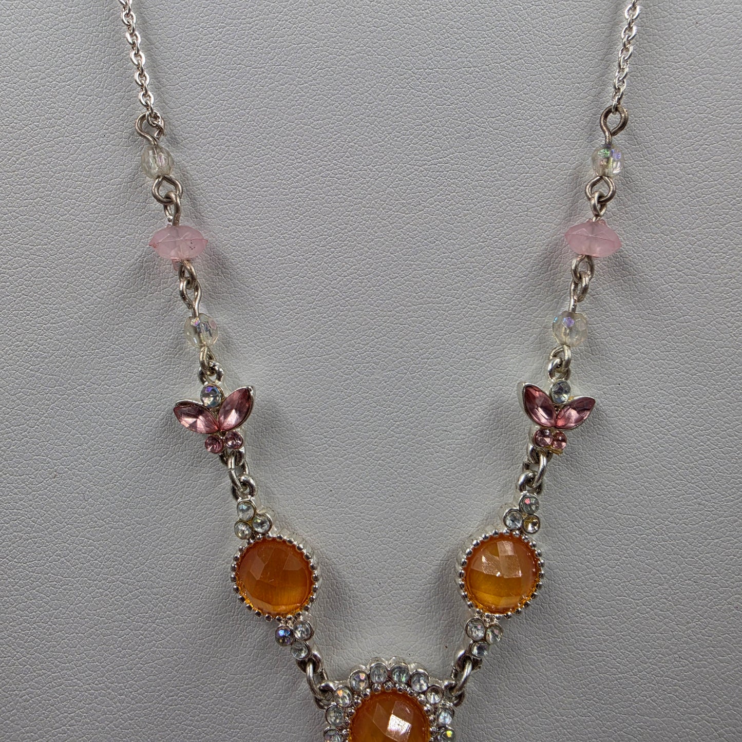 17"-20" Adjustable Iridescent Orange/Pink Butterfly/ Silver Tone Necklace