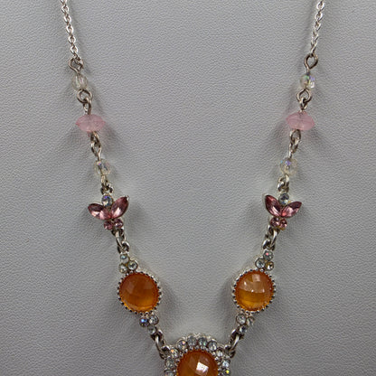 17"-20" Adjustable Iridescent Orange/Pink Butterfly/ Silver Tone Necklace