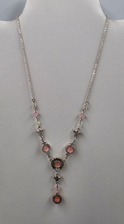 17"-20" Adjustable Iridescent Orange/Pink Butterfly/ Silver Tone Necklace