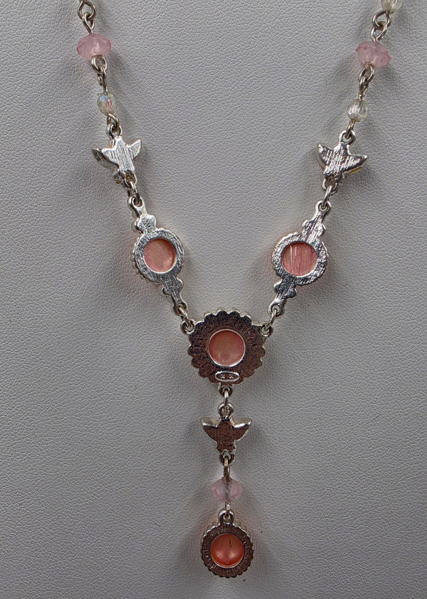 17"-20" Adjustable Iridescent Orange/Pink Butterfly/ Silver Tone Necklace