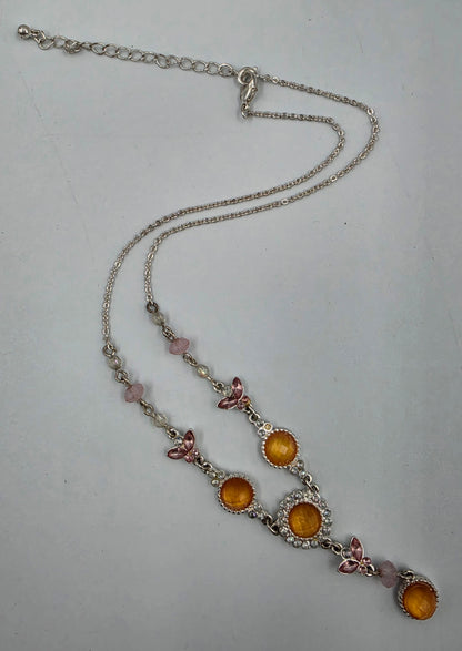 17"-20" Adjustable Iridescent Orange/Pink Butterfly/ Silver Tone Necklace