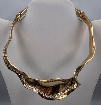 BOSS LADY COUTRE 15" "Natasha" Gold Tone/Clear Rhinestone Irregular Wave Statement Collar Necklace