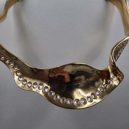 BOSS LADY COUTRE 15" "Natasha" Gold Tone/Clear Rhinestone Irregular Wave Statement Collar Necklace