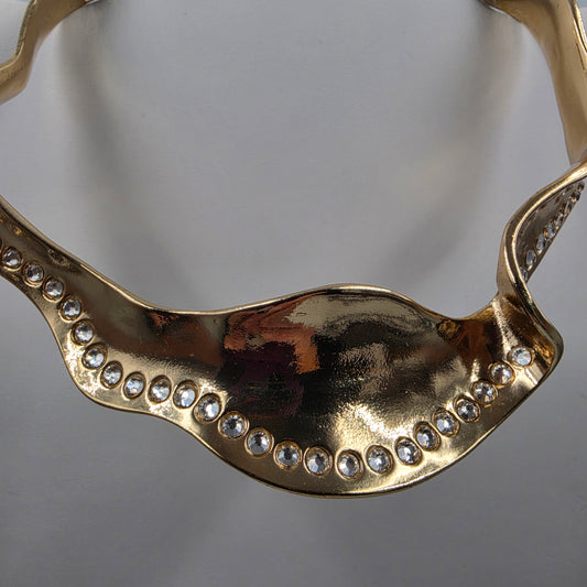 BOSS LADY COUTRE 15" "Natasha" Gold Tone/Clear Rhinestone Irregular Wave Statement Collar Necklace